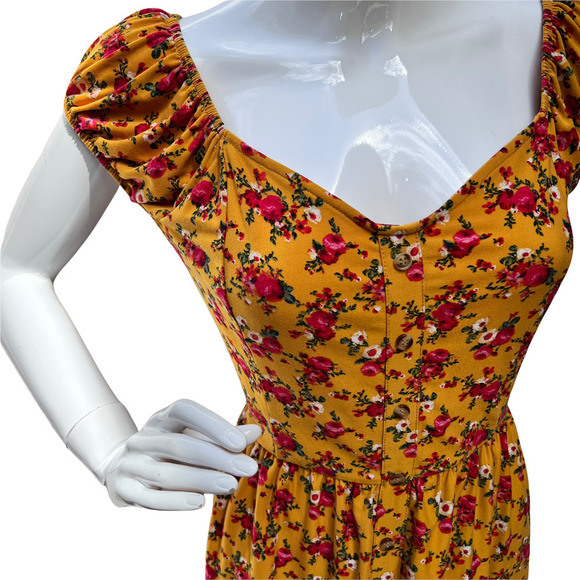 Floral Print Stretch A-Line Dress Puff Sleeve Yellow Size XXL - Picture 4 of 7